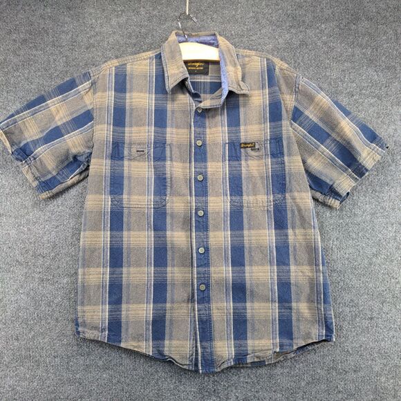 Wrangler Men's Authentic Western Button-Up Shirt Blue Plaid Medium Short Sleeve - Picture 2 of 12